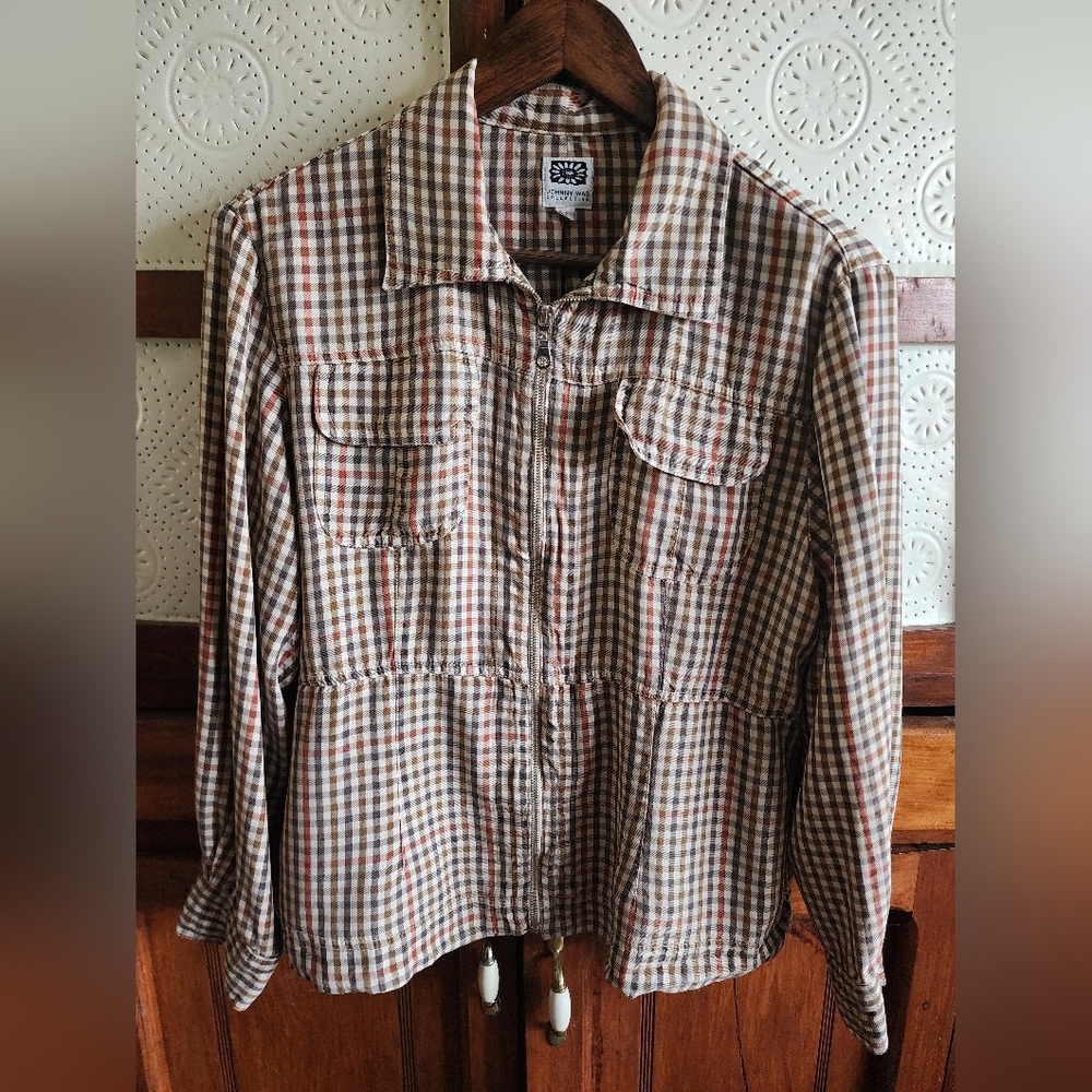 Johnny Was Checkered Top in Brown and Cream Womens Small Ladies Shirt Zip Front